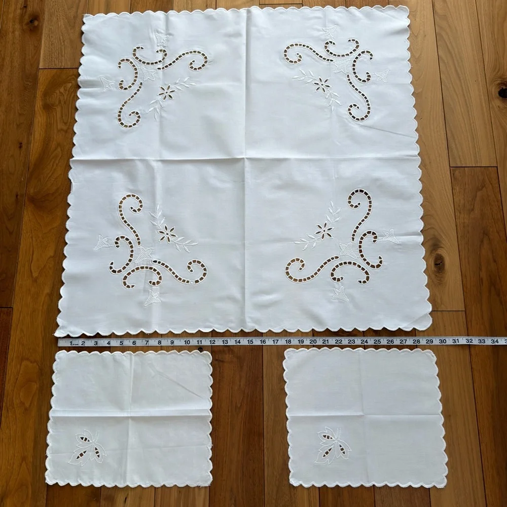 Vintage Hand-Embroidered Cutwork Tablecloth + 2 Napkins – White on White